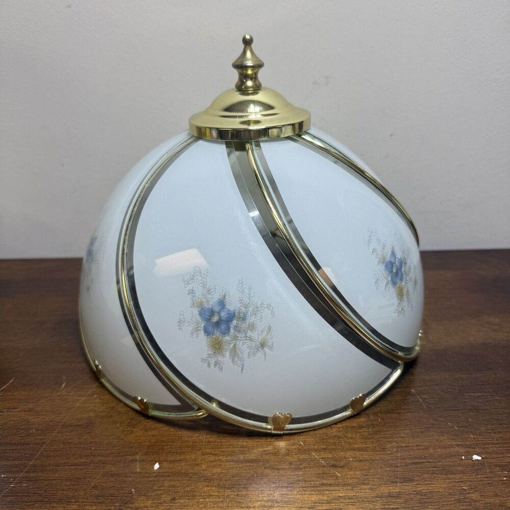 Vintage Curved Glass Touch Lamp Replacement Shade Blue Floral Gold Trim 8 inch